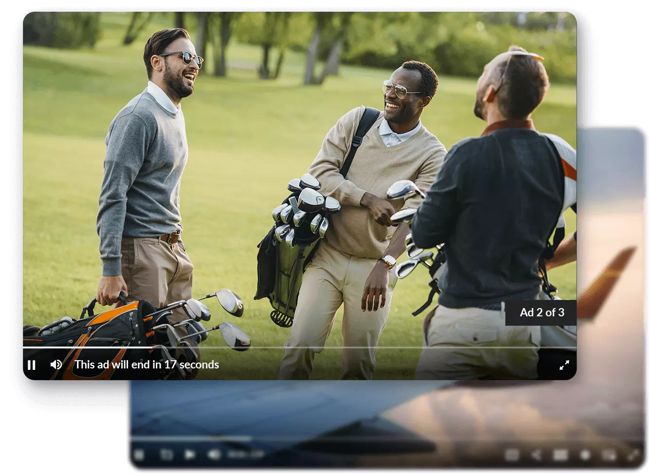 Three men stand on a golf course, smiling and holding golf bags. The image is part of an online ad with a timer displaying "This ad will end in 17 seconds." Utilizing SSAI technology, this ad seamlessly integrates into live streams to better monetize content.